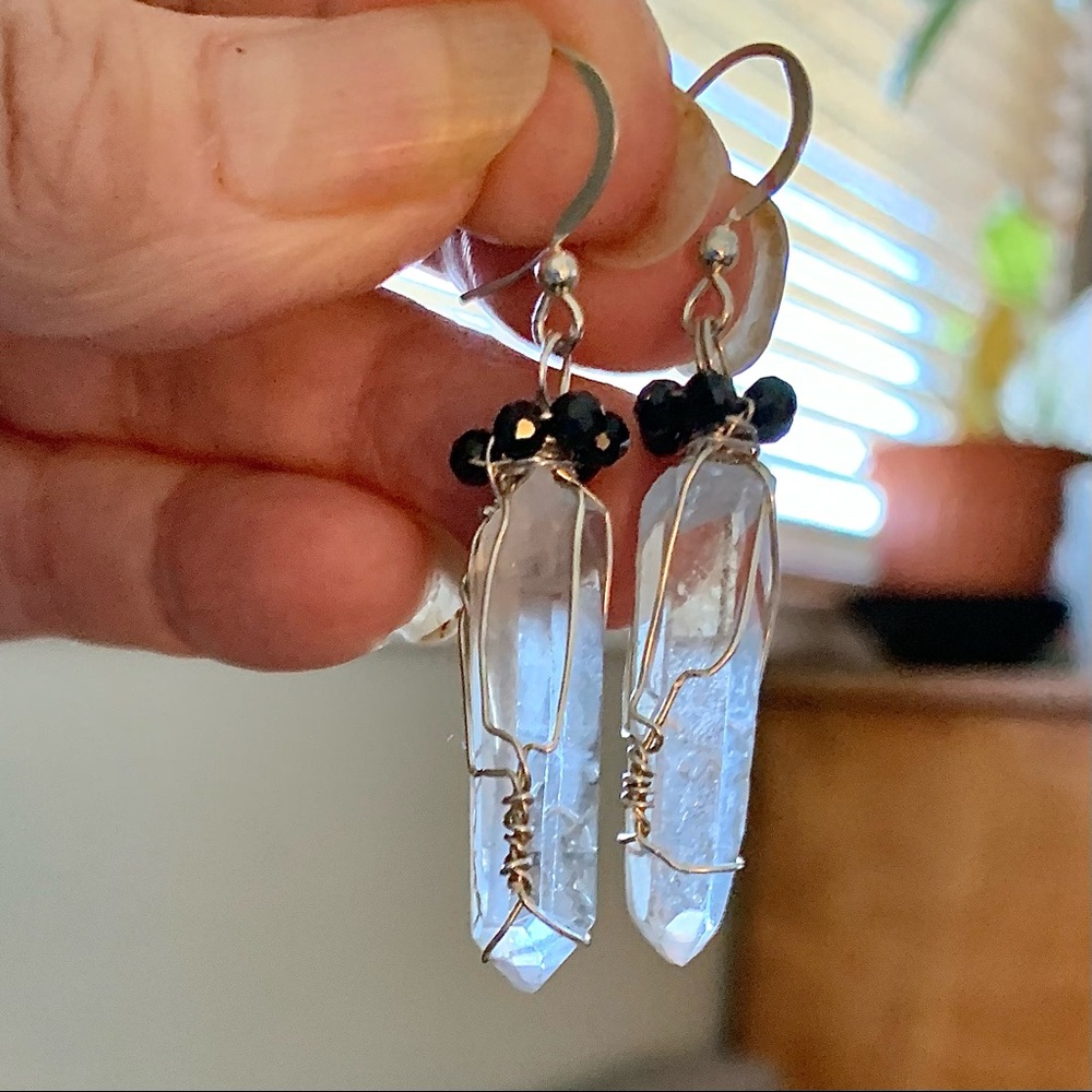 Quartz Crystal Earrings & Black Spinel beads - Picture 3 of 11